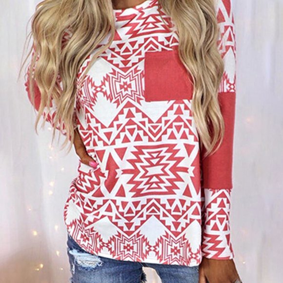 Red Aztec Print Splicing Pocket Long Sleeve Top - Picture 3 of 6